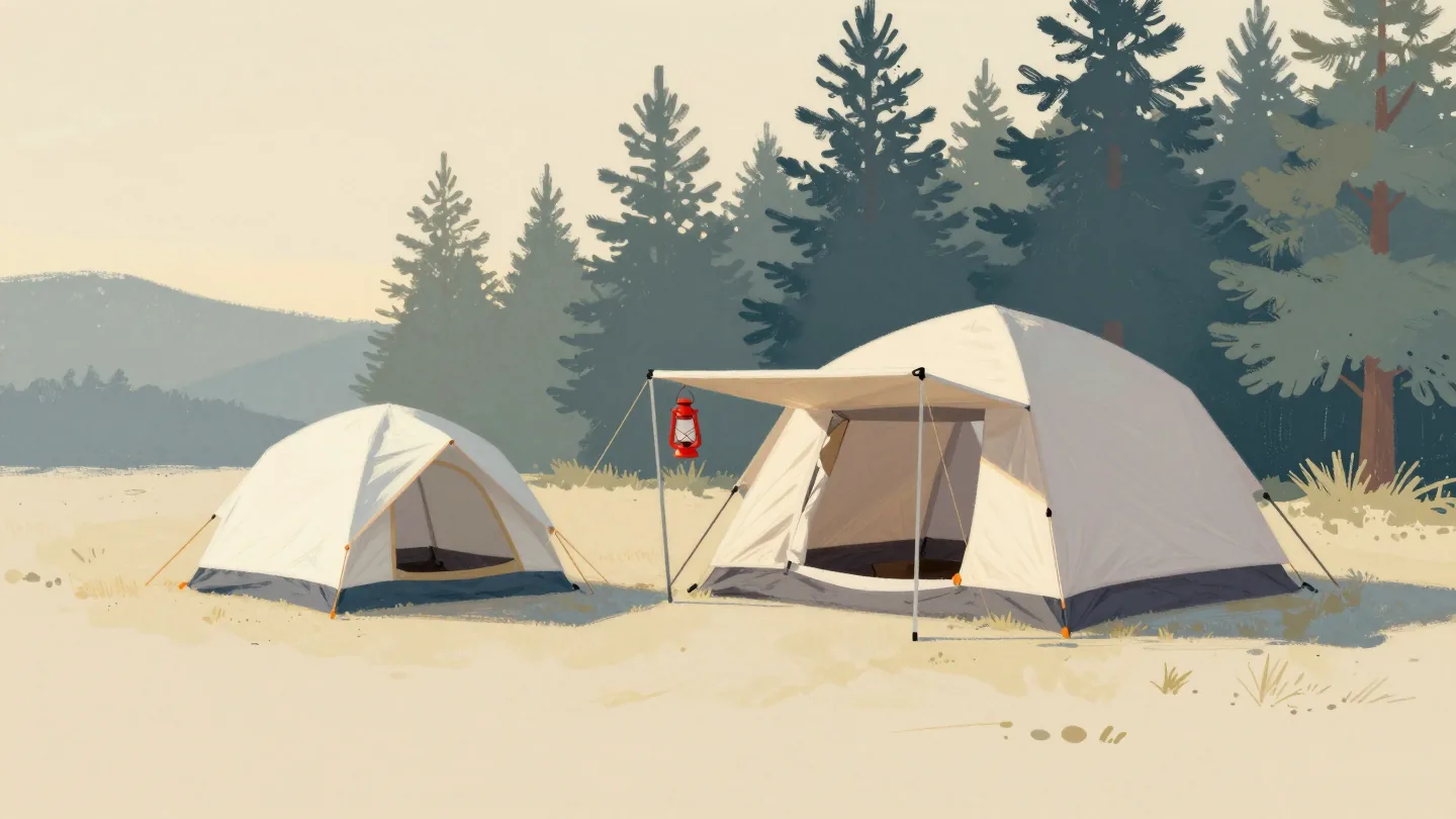 A small one-person tent and a large family tent side by side at a campsite