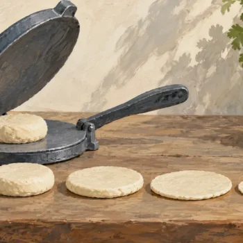 An open tortilla press beside dough disks with progressively smaller thickness differences