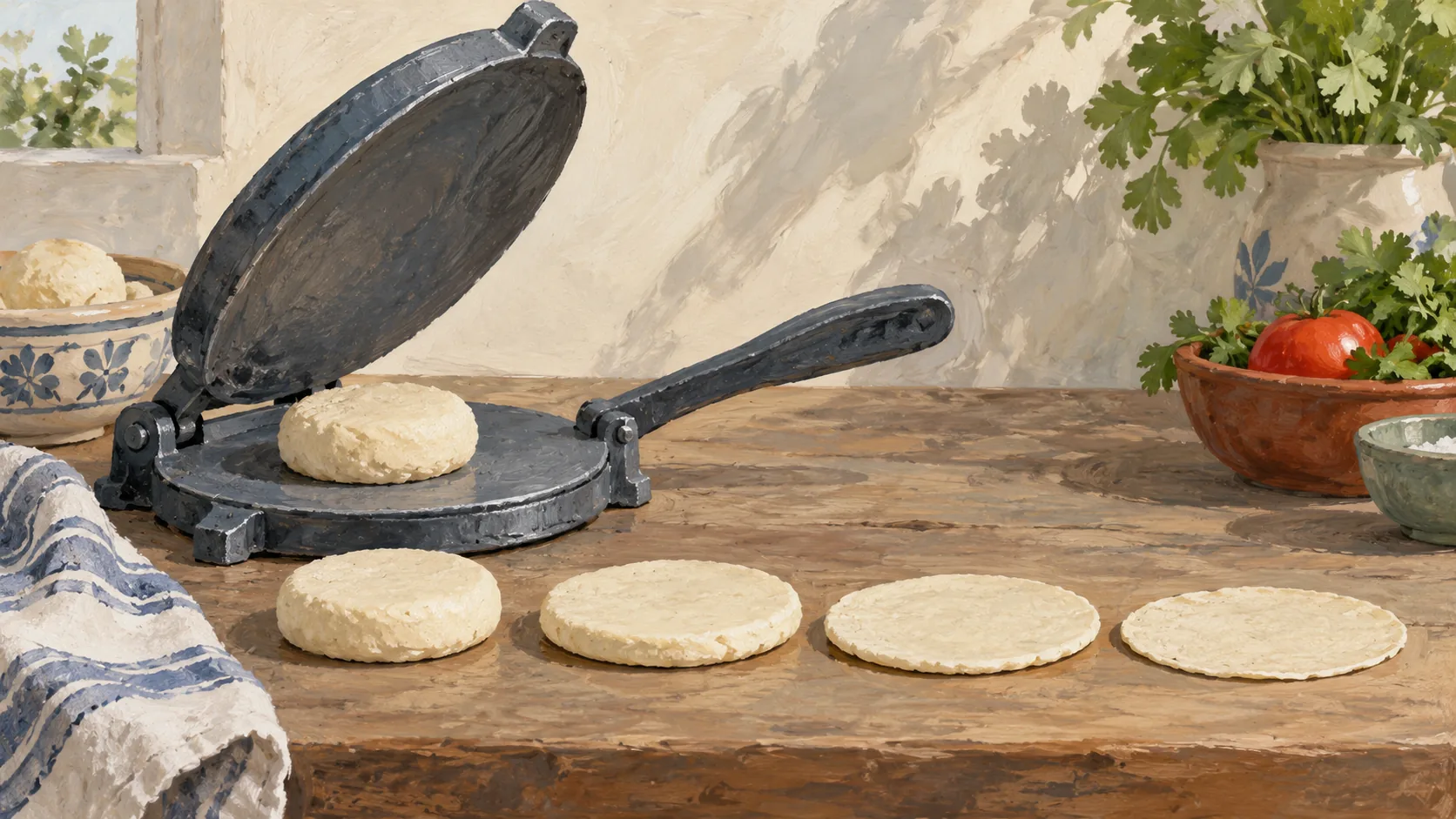 An open tortilla press beside dough disks with progressively smaller thickness differences