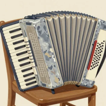 An old accordion on a chair with deeply creased, worn bellows from constant squeezing and stretching