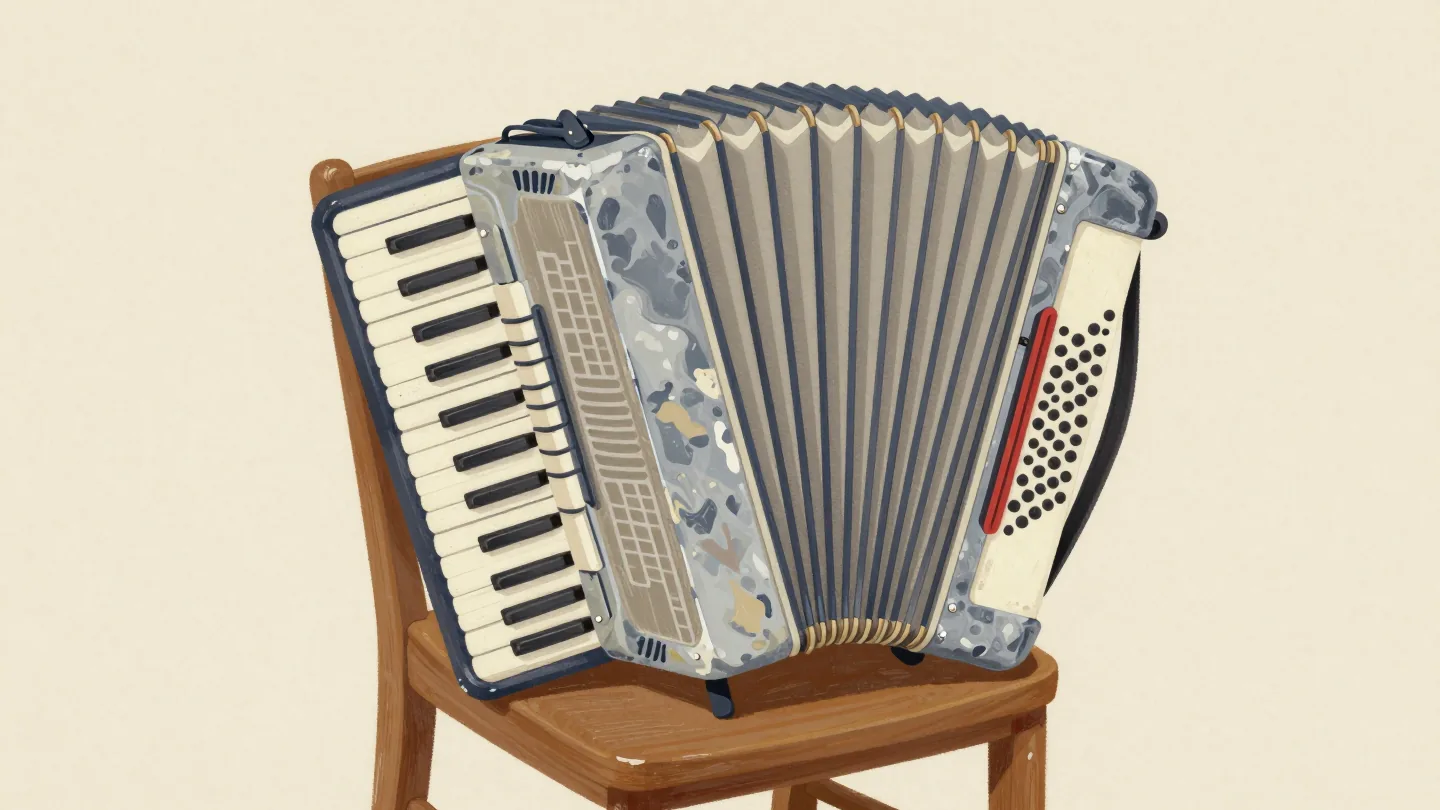An old accordion on a chair with deeply creased, worn bellows from constant squeezing and stretching