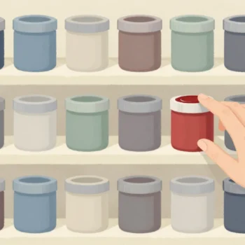 Rows of closed paint tins, each lid dabbed with its color, a hand reaching for the tin with the red dab