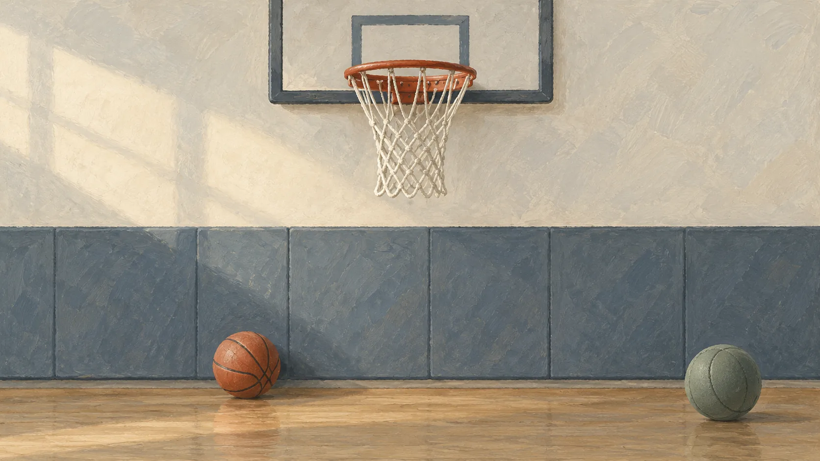 A basketball net above a basketball with a different practice ball kept outside