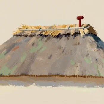 A weathered thatched roof with one small fresh golden patch, a red-handled mallet beside it