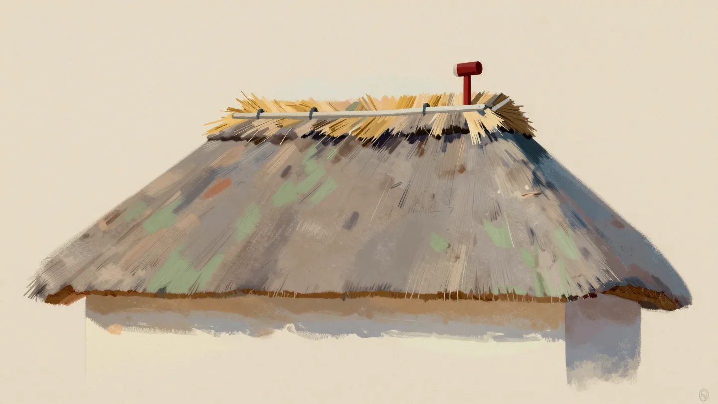 A weathered thatched roof with one small fresh golden patch, a red-handled mallet beside it