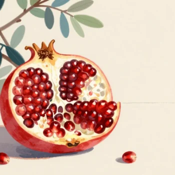 A split pomegranate on a garden table, a hand lifting out one chamber full of red seeds