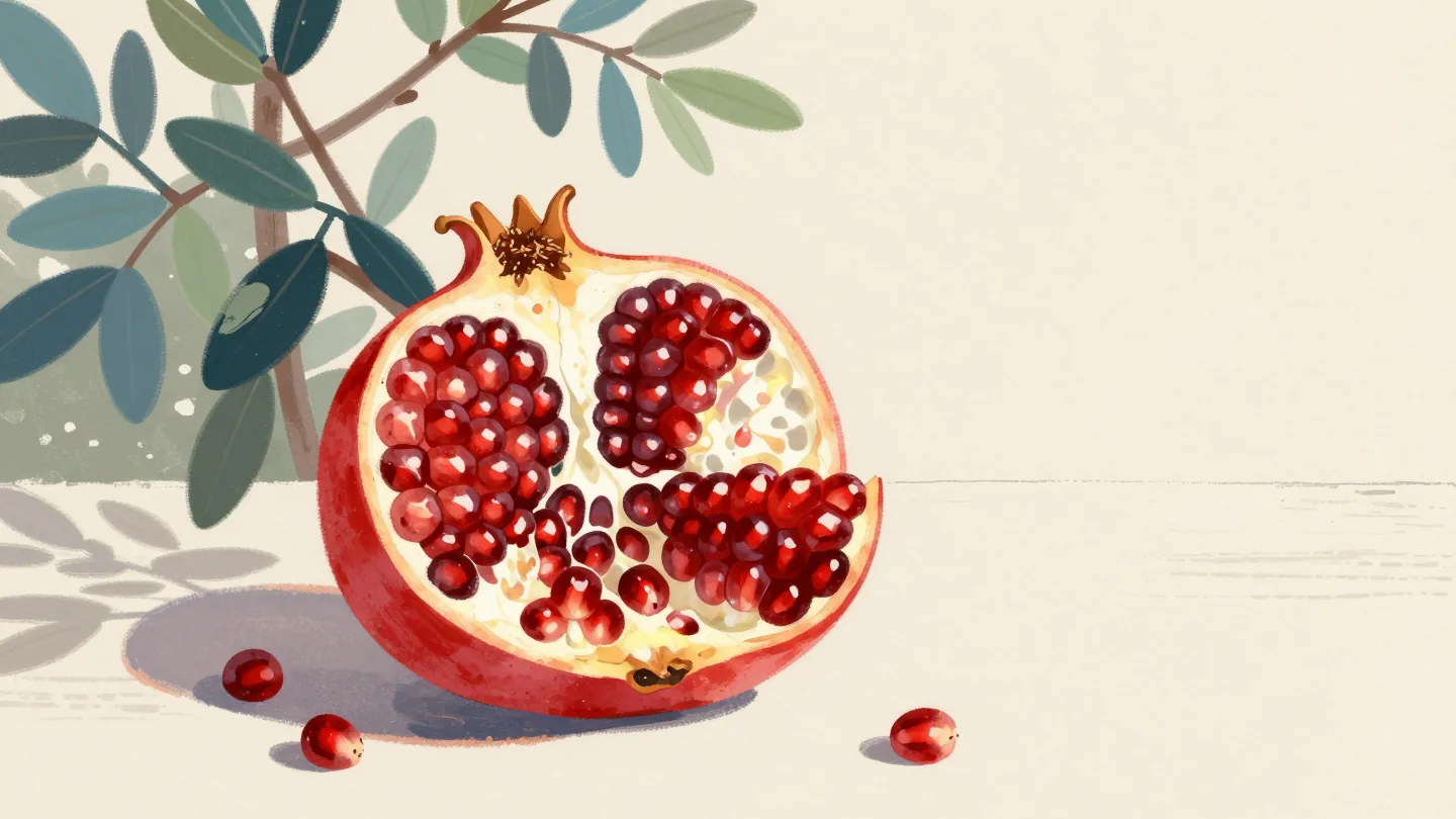 A split pomegranate on a garden table, a hand lifting out one chamber full of red seeds