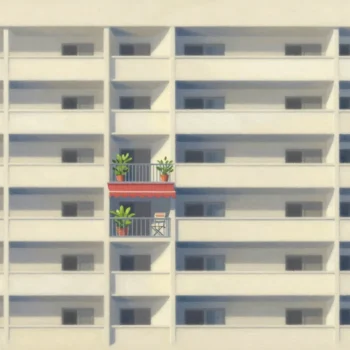 An apartment block of bare balconies where only one is furnished with plants and a red awning