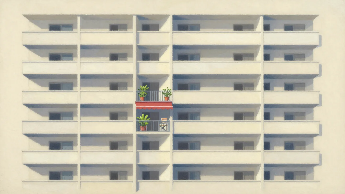 An apartment block of bare balconies where only one is furnished with plants and a red awning
