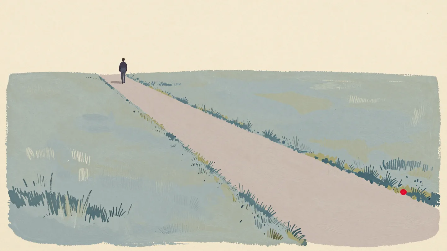 A worn footpath cutting diagonally across a park lawn between two paved paths, a distant figure walking on it.