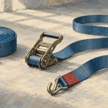 A compact strap roll beside the same strap extended across the floor
