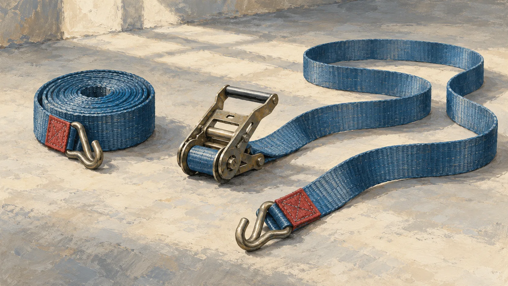 A compact strap roll beside the same strap extended across the floor
