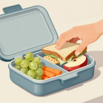 A hand pressing the lid of a compartment lunchbox that will not close over a squashed sandwich.