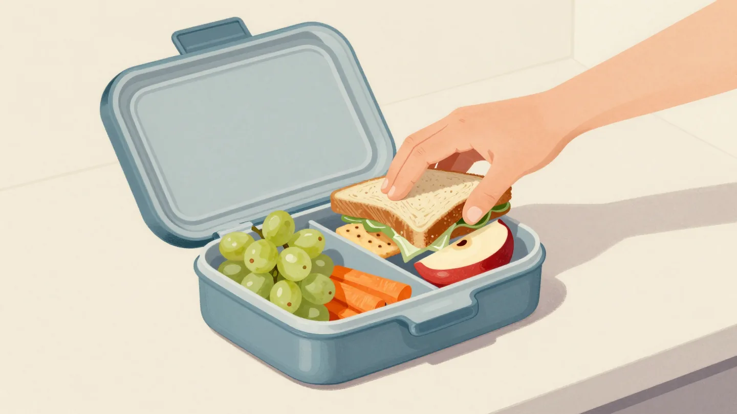 A hand pressing the lid of a compartment lunchbox that will not close over a squashed sandwich.