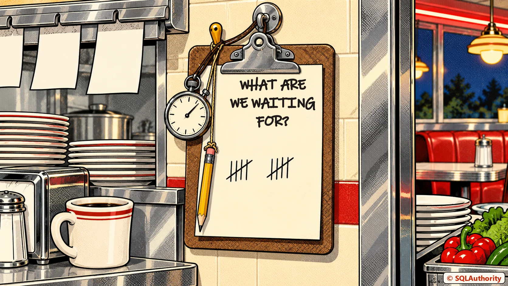 Casey's clipboard hanging by the kitchen pass with a stopwatch and a pencil on a string, and WHAT ARE WE WAITING FOR? written across the top of the paper
