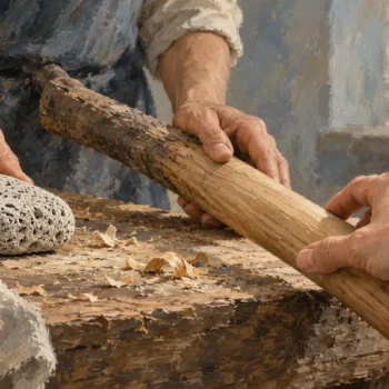 A pumice stone is set aside so another hand can use the wooden handle