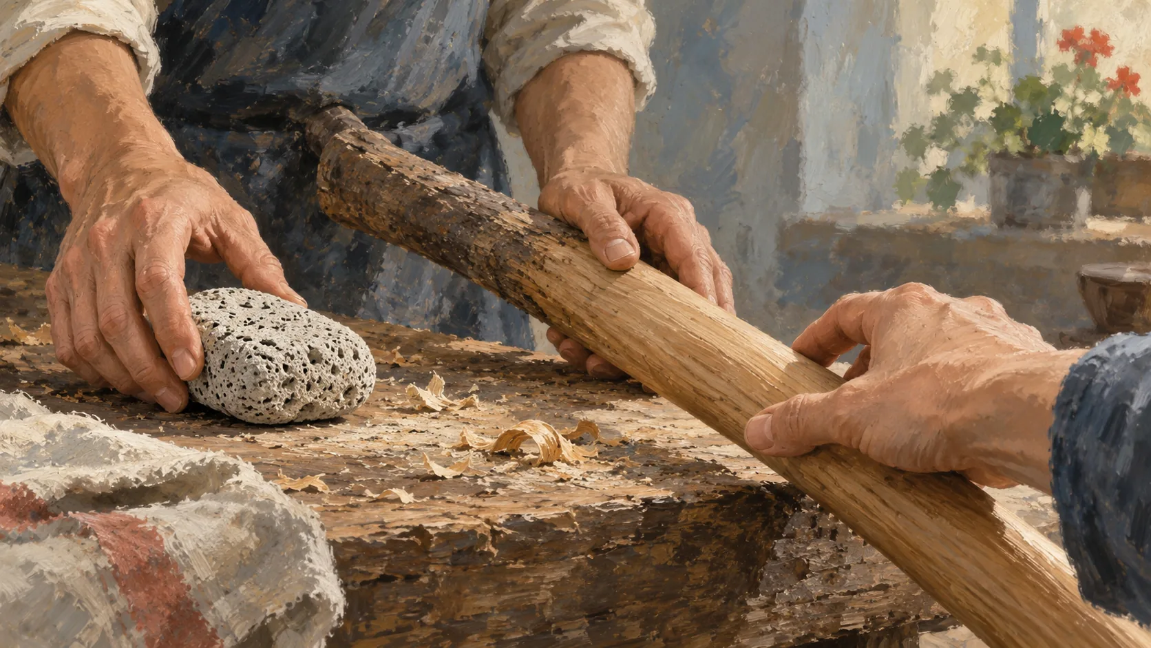 A pumice stone is set aside so another hand can use the wooden handle