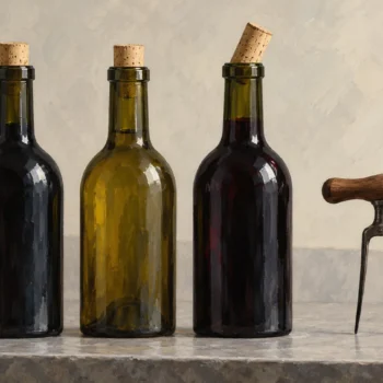 A cork puller beside two evenly sealed bottles and one raised tilted cork