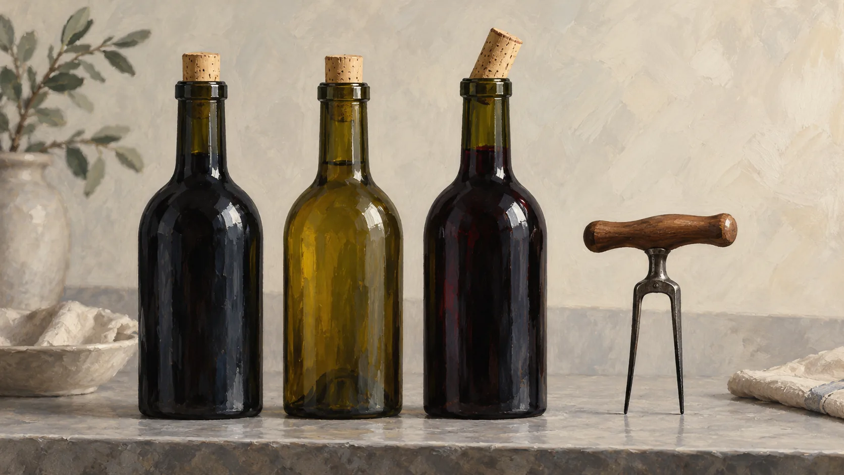 A cork puller beside two evenly sealed bottles and one raised tilted cork