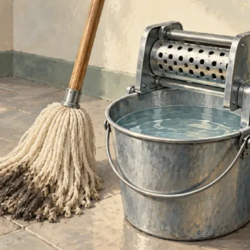 A clean-looking mop bucket and wringer beside a mop with a visible dirty stripe