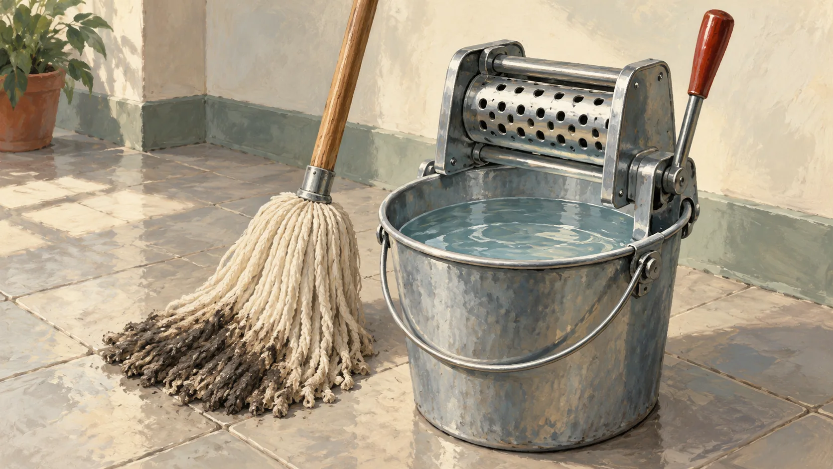 A clean-looking mop bucket and wringer beside a mop with a visible dirty stripe