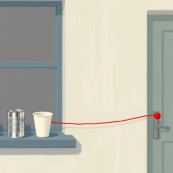 Gouache painting: a tin-can telephone, two paper cups joined by a taut vermilion string stretched across a gap between a slate-blue windowsill and a sage-green doorway