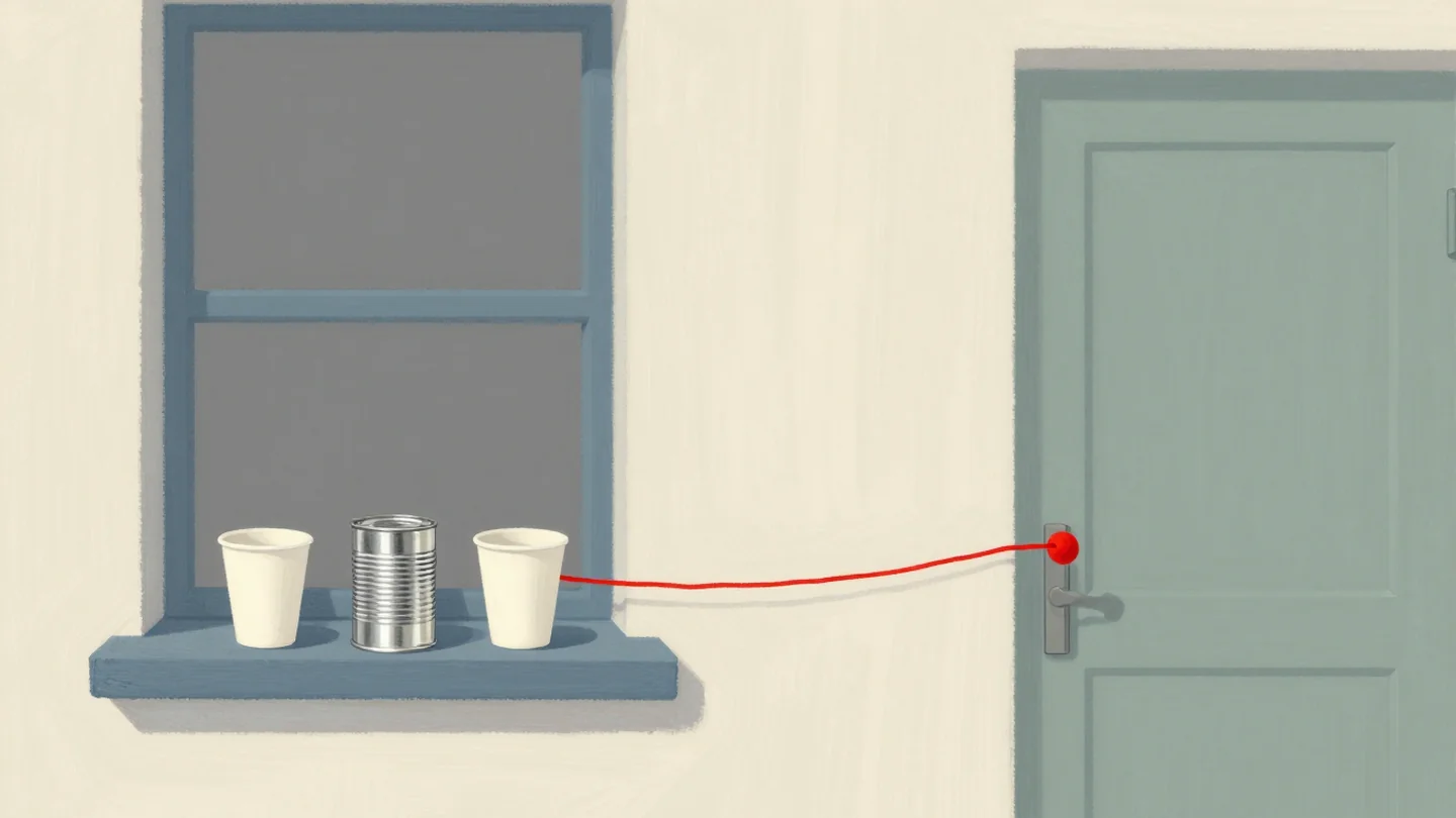 Gouache painting: a tin-can telephone, two paper cups joined by a taut vermilion string stretched across a gap between a slate-blue windowsill and a sage-green doorway
