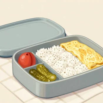 An open bento box with neat compartments, one holding a row of small rice balls, a red plum on the rice.