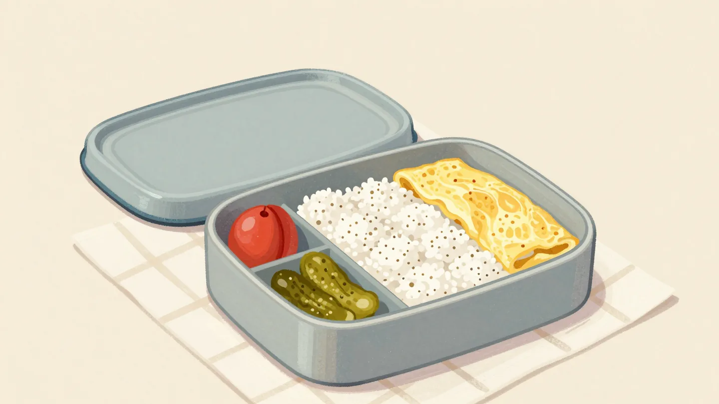An open bento box with neat compartments, one holding a row of small rice balls, a red plum on the rice.
