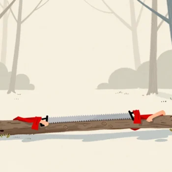Two pairs of hands on either end of a long crosscut saw, halfway through a fallen tree trunk.