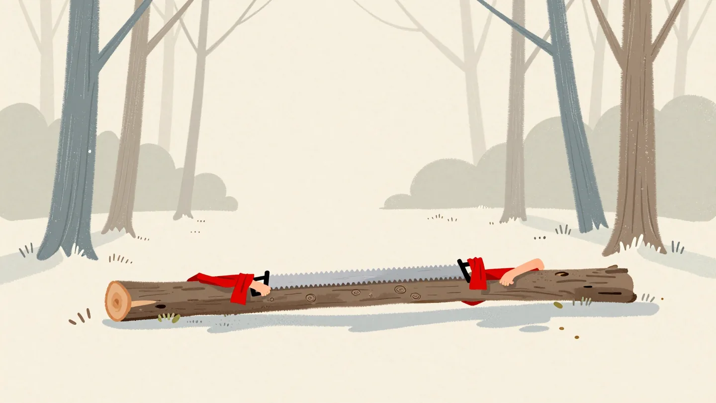 Two pairs of hands on either end of a long crosscut saw, halfway through a fallen tree trunk.
