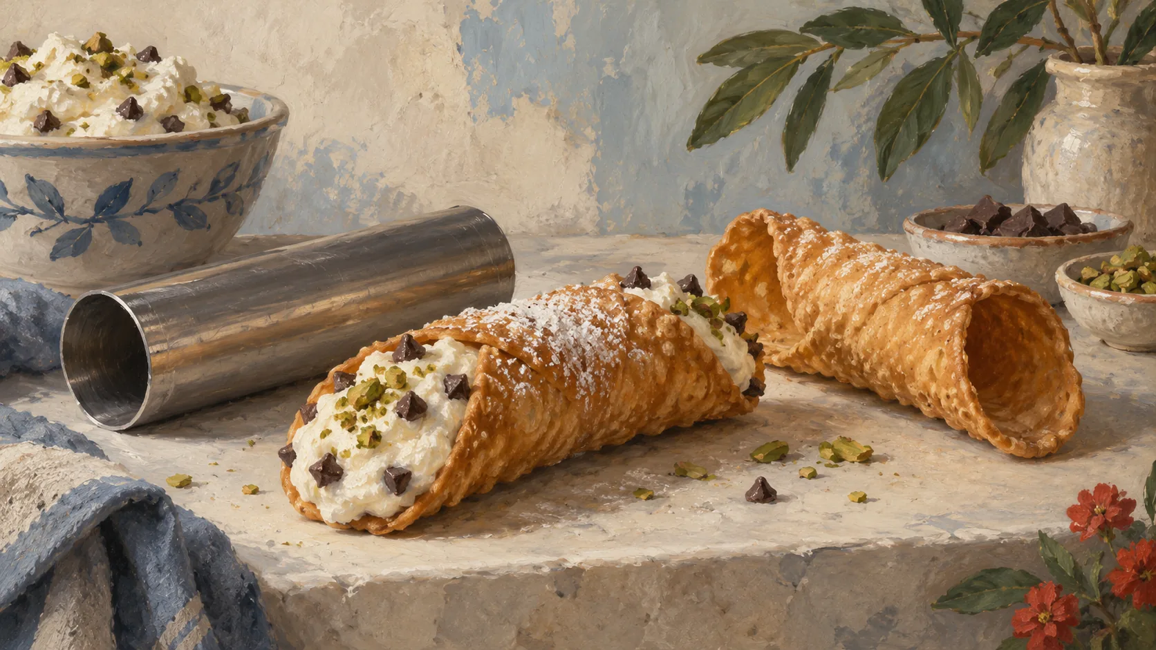 A cannoli forming tube beside a filled pastry shell and an empty matching shell