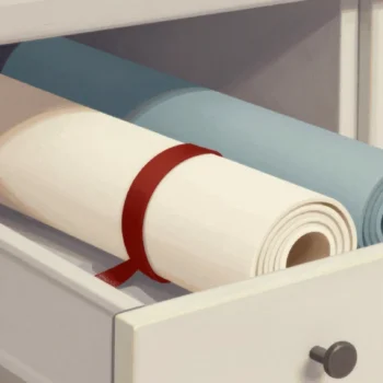 A kitchen drawer crammed with rolled canvases so full it cannot close