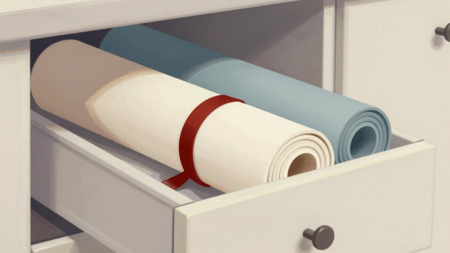 A kitchen drawer crammed with rolled canvases so full it cannot close