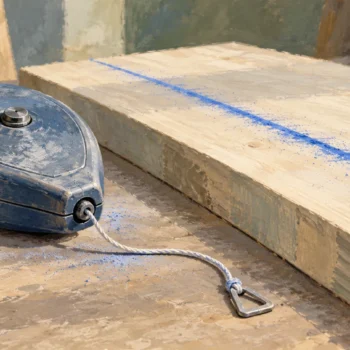 A chalk line reel beside a persistent blue mark and cord ready for another snap