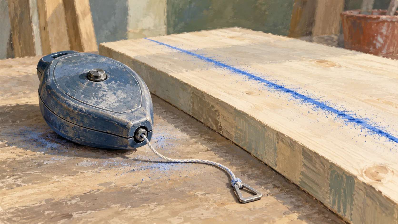 A chalk line reel beside a persistent blue mark and cord ready for another snap