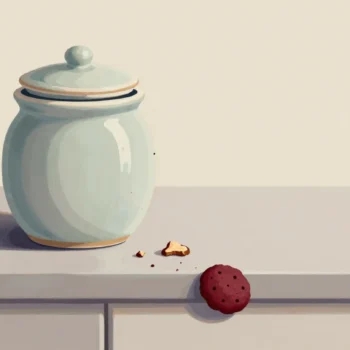 A cookie jar with its lid askew and a trail of fresh crumbs on a kitchen counter, no one in sight.