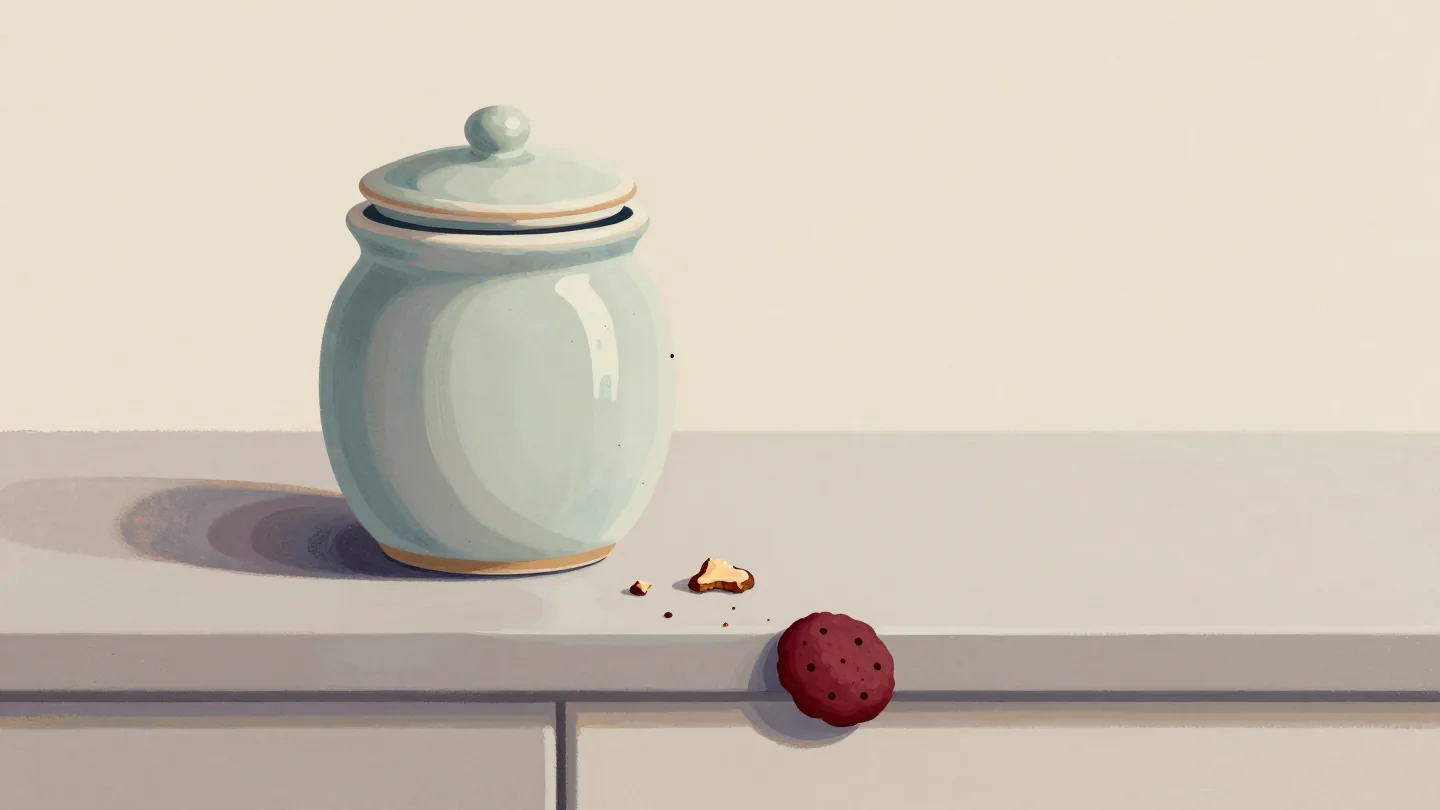 A cookie jar with its lid askew and a trail of fresh crumbs on a kitchen counter, no one in sight.