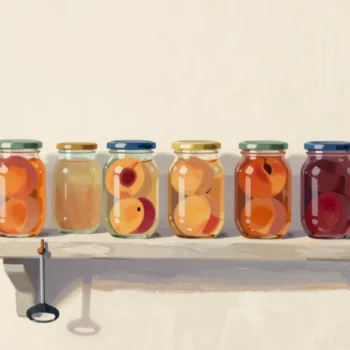 Sealed glass jars of preserved peaches on a stone cellar shelf, with one jar opener hanging on a nail beside them.