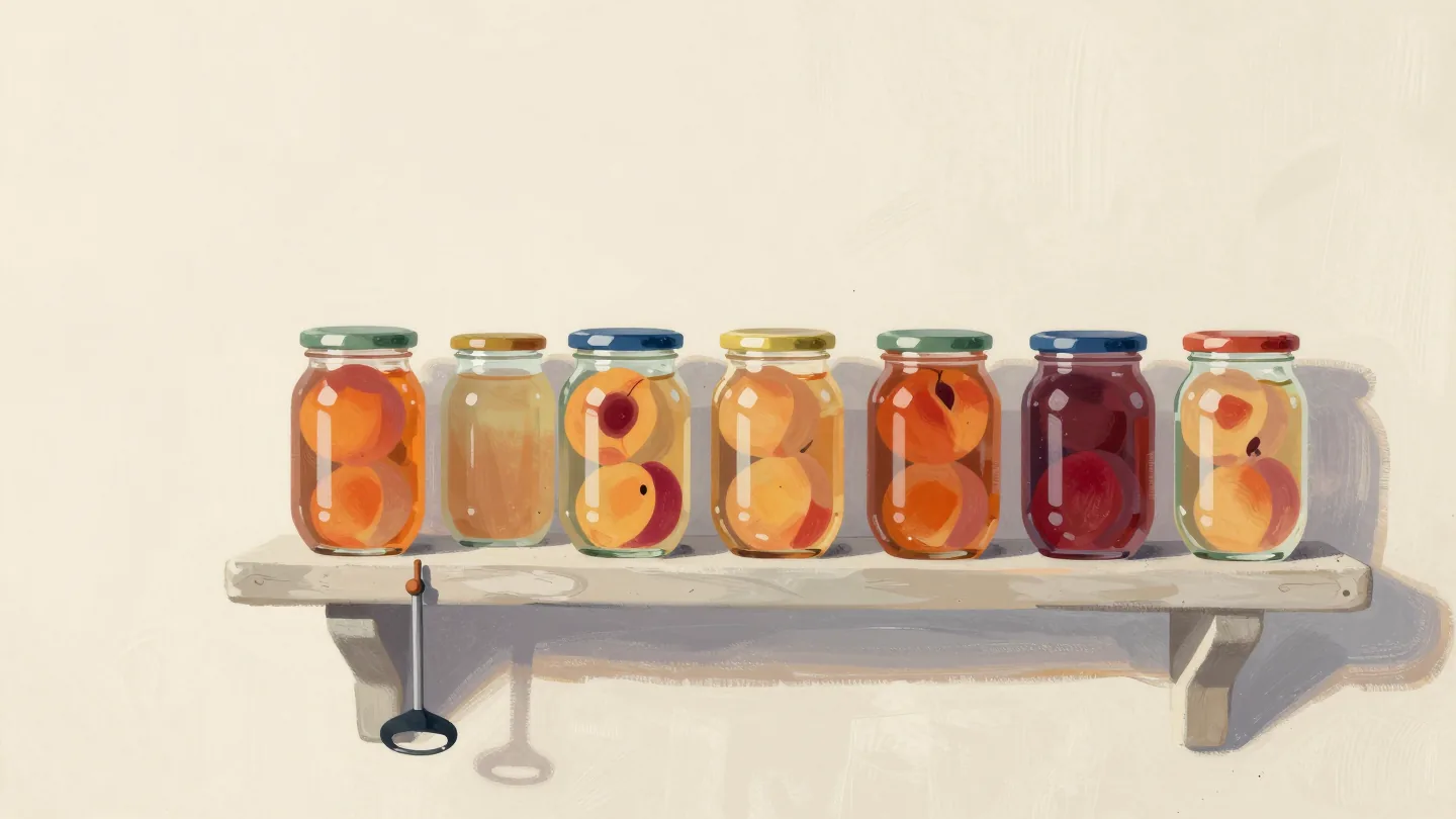 Sealed glass jars of preserved peaches on a stone cellar shelf, with one jar opener hanging on a nail beside them.