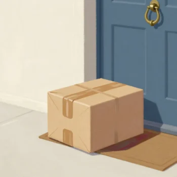 A parcel on a doormat before a closed blue door with a brass knocker, a gloved hand stepping back after knocking once.
