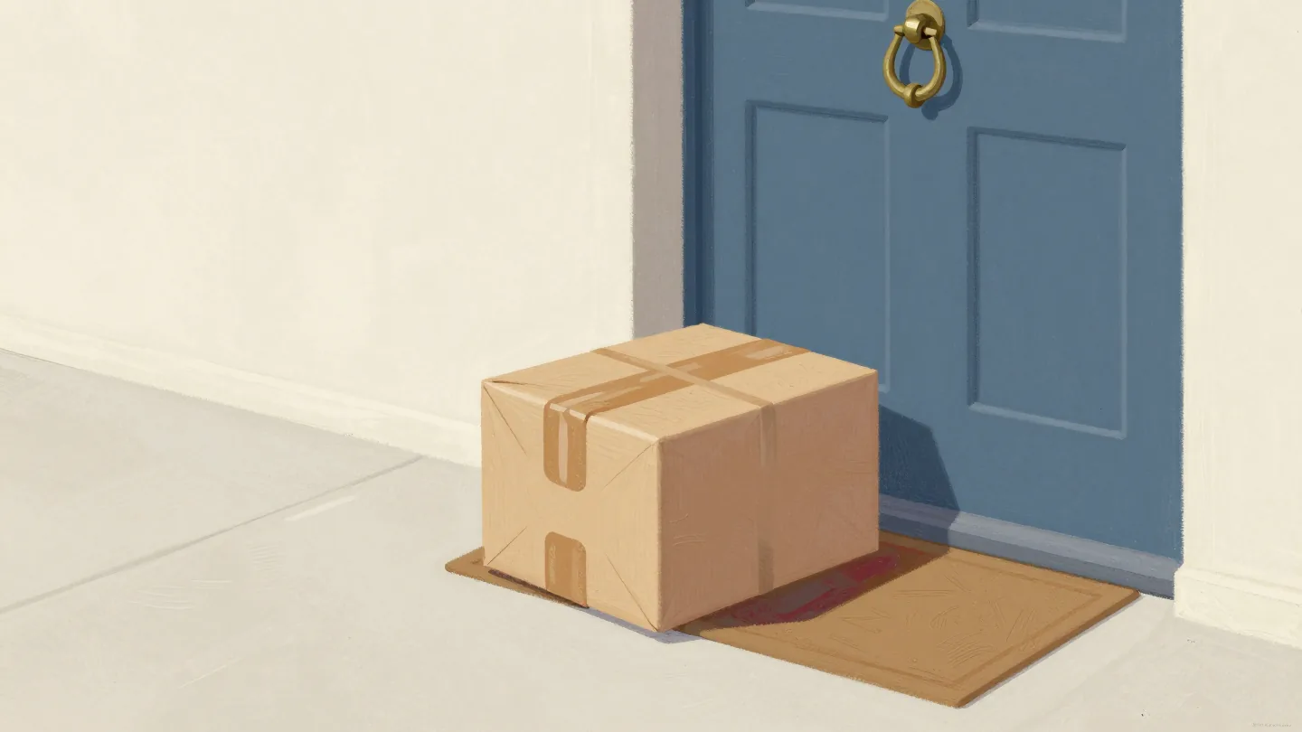 A parcel on a doormat before a closed blue door with a brass knocker, a gloved hand stepping back after knocking once.