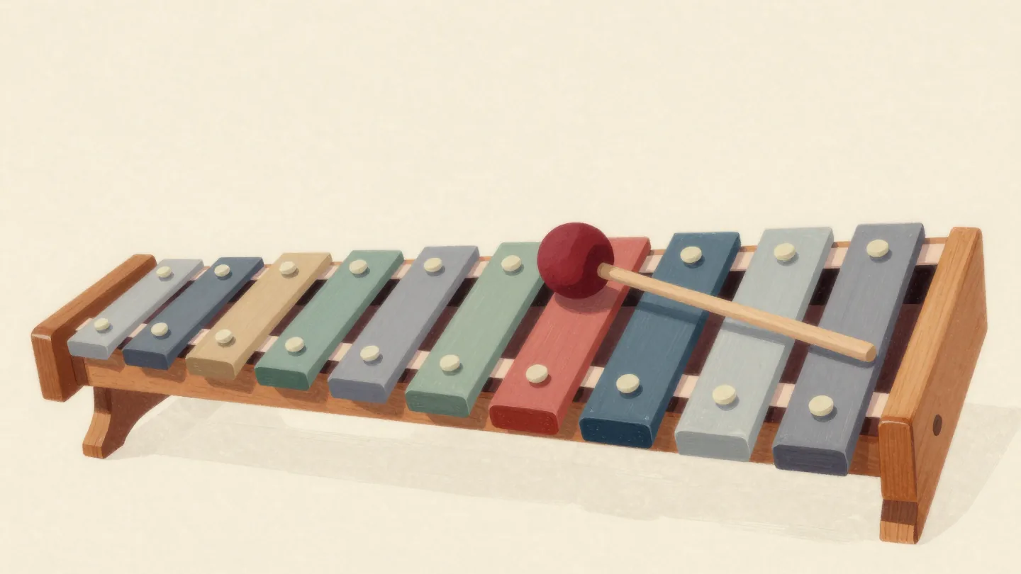 A wooden xylophone with bars stepping from long to short, a red mallet resting between two neighbouring bars.