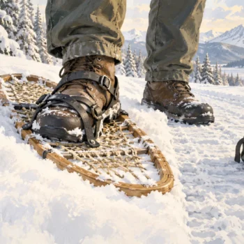 A boot moves into a snowshoe binding while a separate pouch stays behind