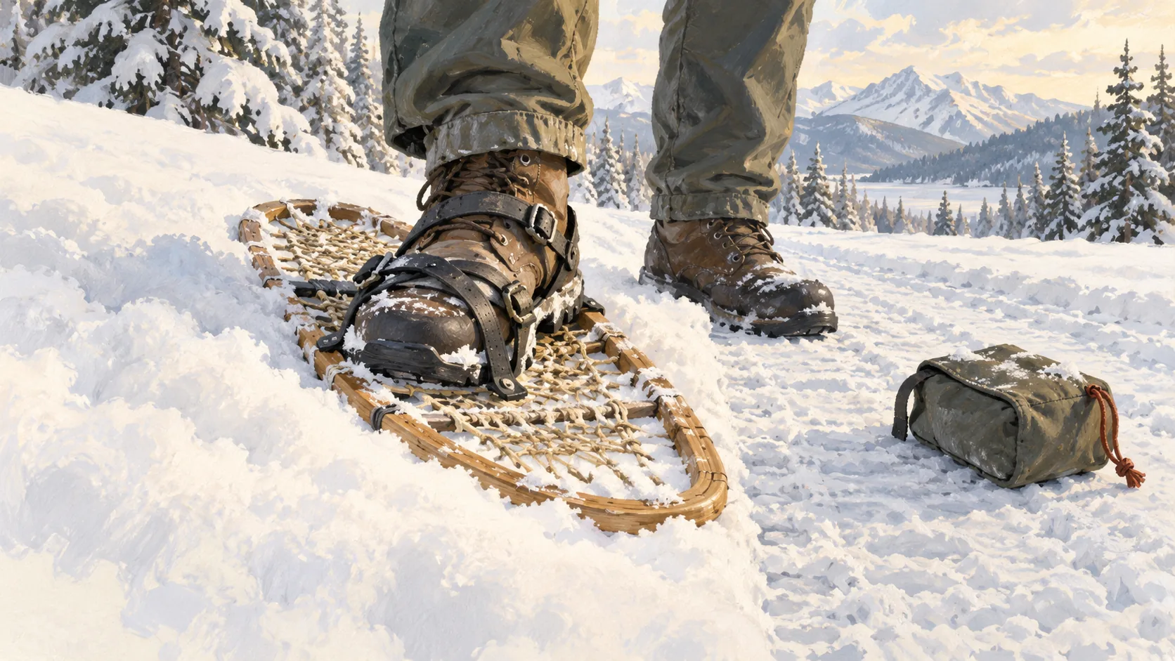 A boot moves into a snowshoe binding while a separate pouch stays behind