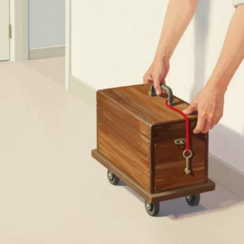 Two hands lifting an old wooden strongbox onto a moving trolley, its iron key tied to the handle with red string.