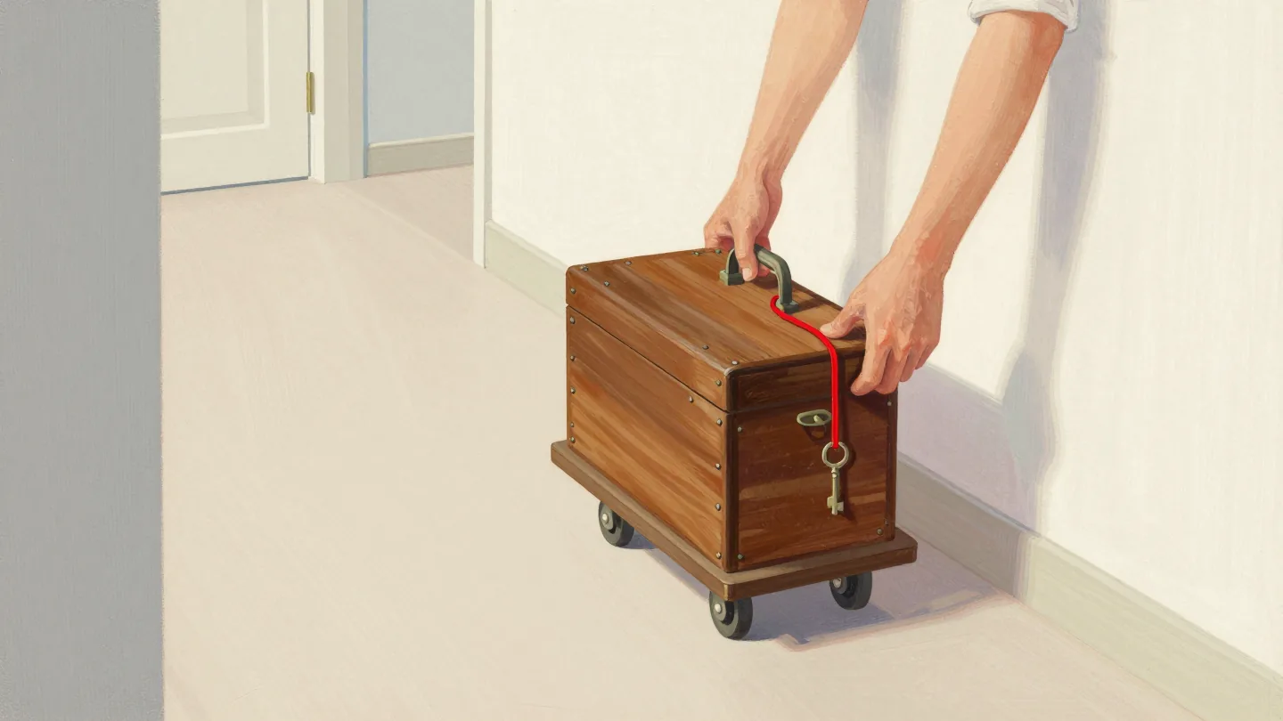Two hands lifting an old wooden strongbox onto a moving trolley, its iron key tied to the handle with red string.