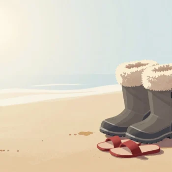 Heavy snow boots on a hot sandy beach beside a pair of red sandals