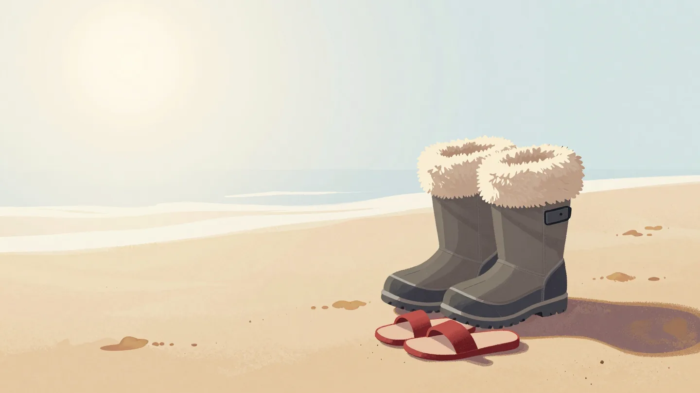 Heavy snow boots on a hot sandy beach beside a pair of red sandals