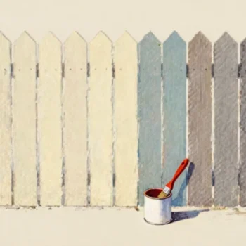 A fence painted halfway, a red-handled brush resting in the paint tin where the paint stops
